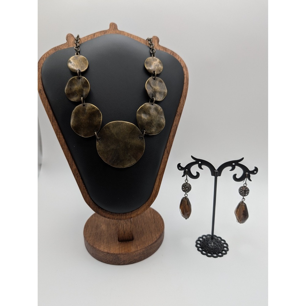 Unsigned Bronze Hammered Disc Bib Necklace and Smoky Drop Earring Set Statement